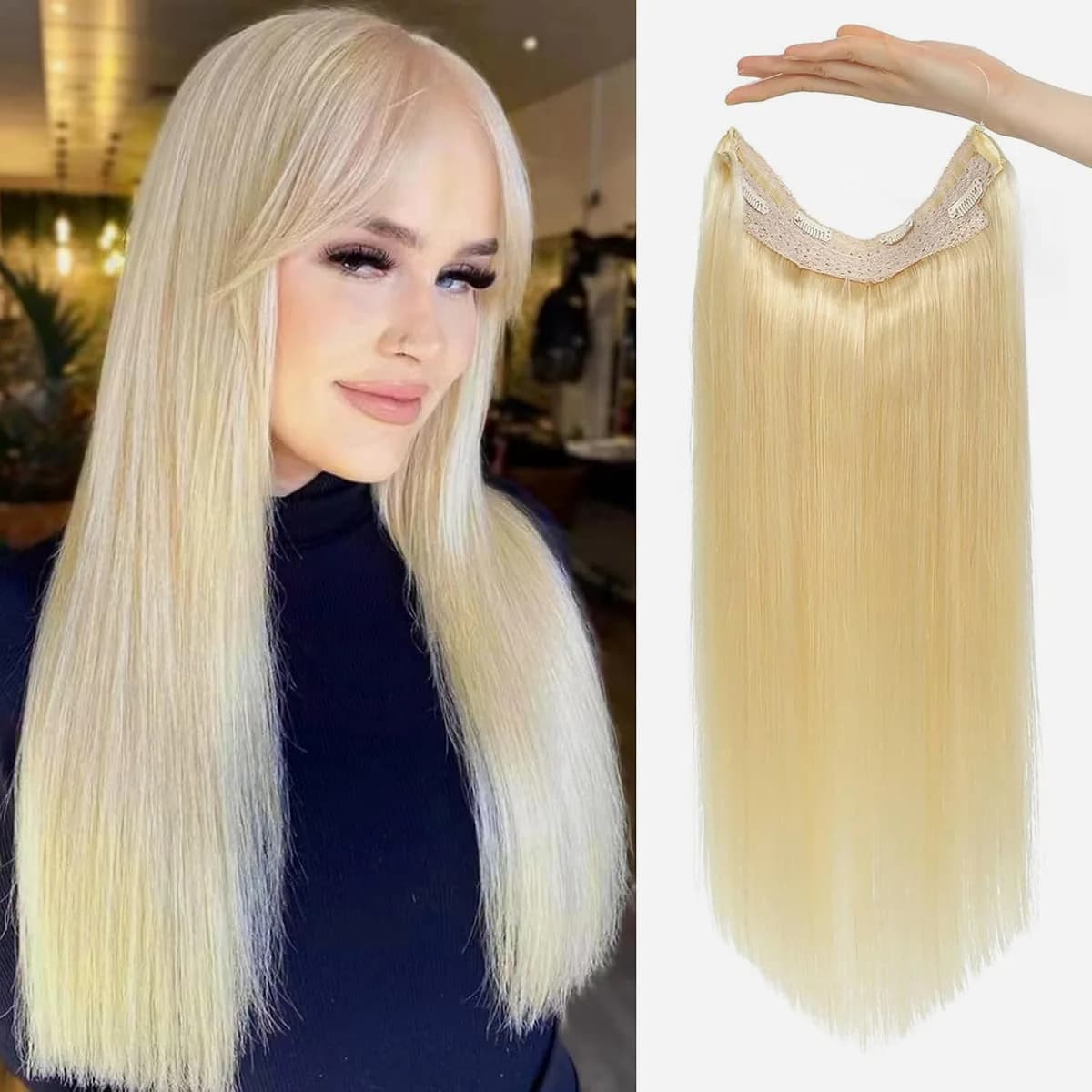 Extensions de cheveux 100% naturels, type fil de pêche, avec bande ajustable et clips discrets, exte