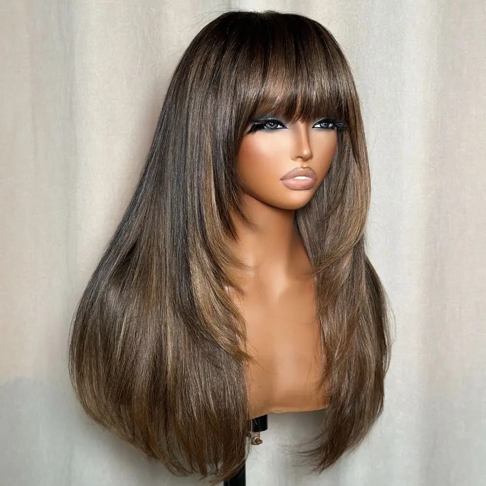 Perruque en cheveux humains HD Lace marron mélangé blond avec mèches blondes et frange, sans colle, 