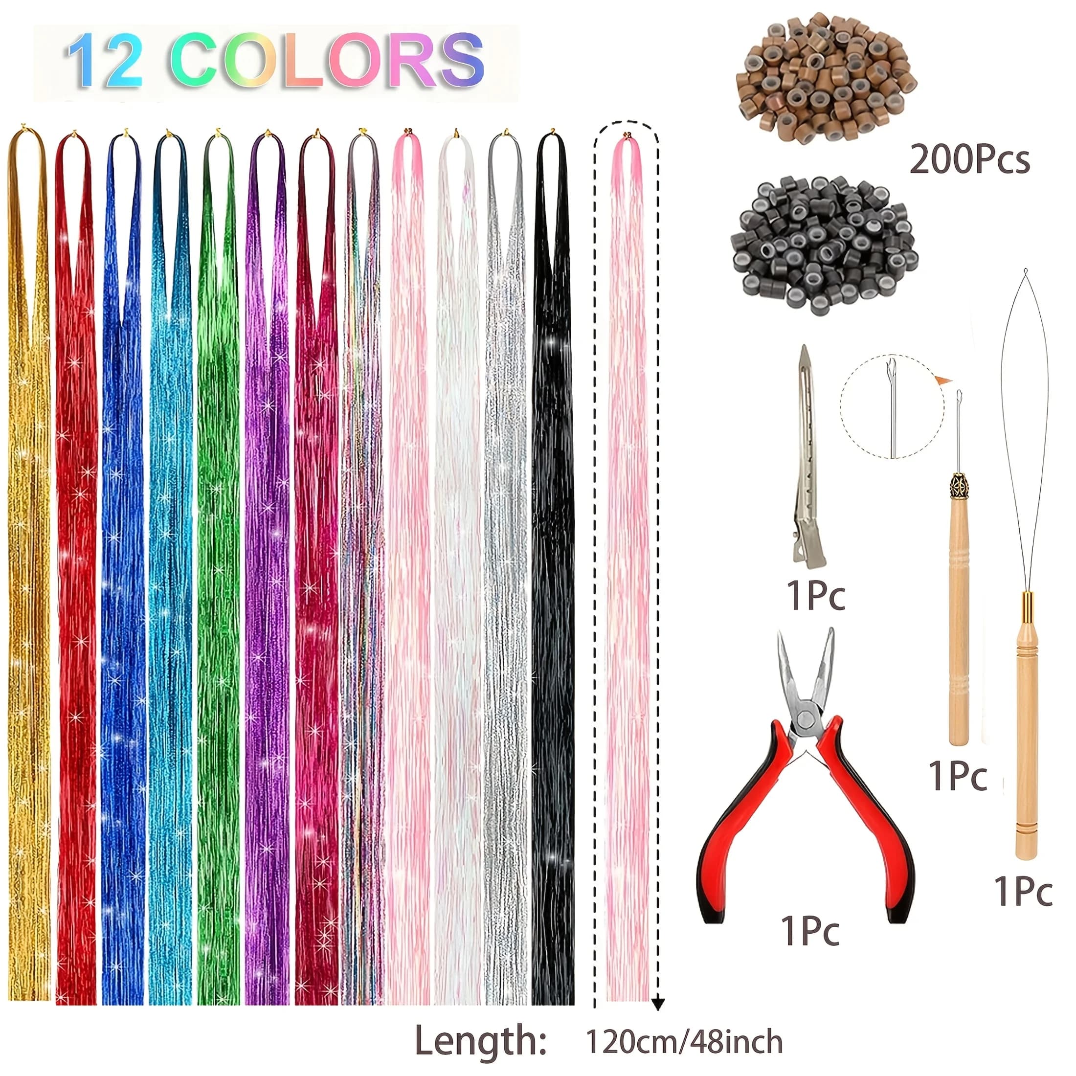 Kit d'extensions de cheveux - Accessoires capillaires brillants et résistants à la chaleur de 48 pou