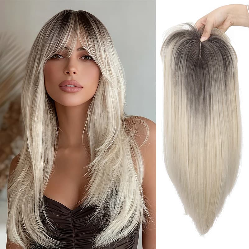 Topper pour cheveux pour femme avec frange : 3D 360 ° Morceau de cheveux synthétiques longs et lis