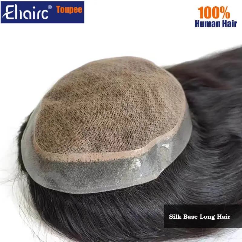 Perruque toupet longue en soie personnalisée pour hommes, naissance des cheveux naturelle, trois cou