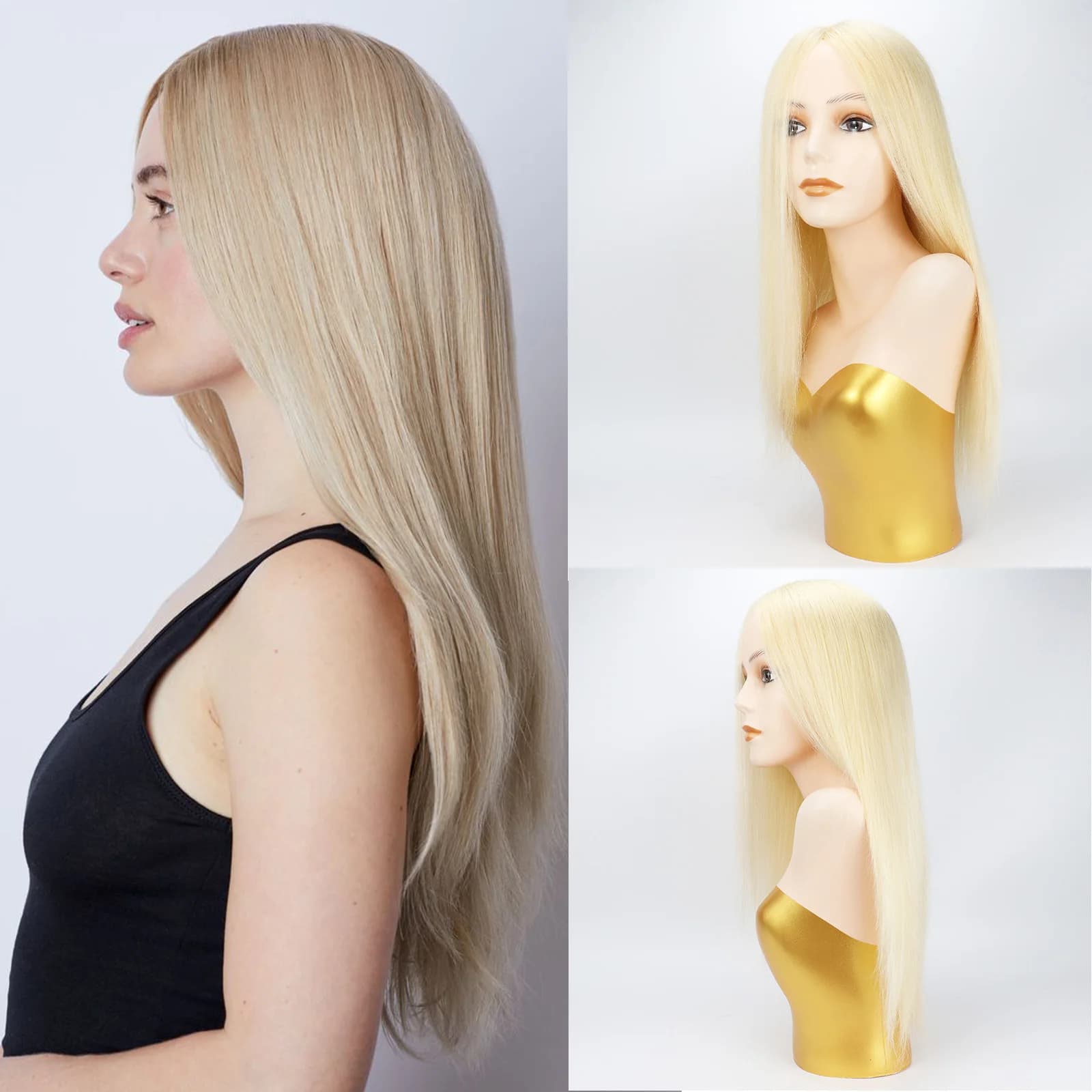 # Perruque en cheveux humains blonds 613, la plus claire, 6x6 pouces, avec dessus en soie et contour