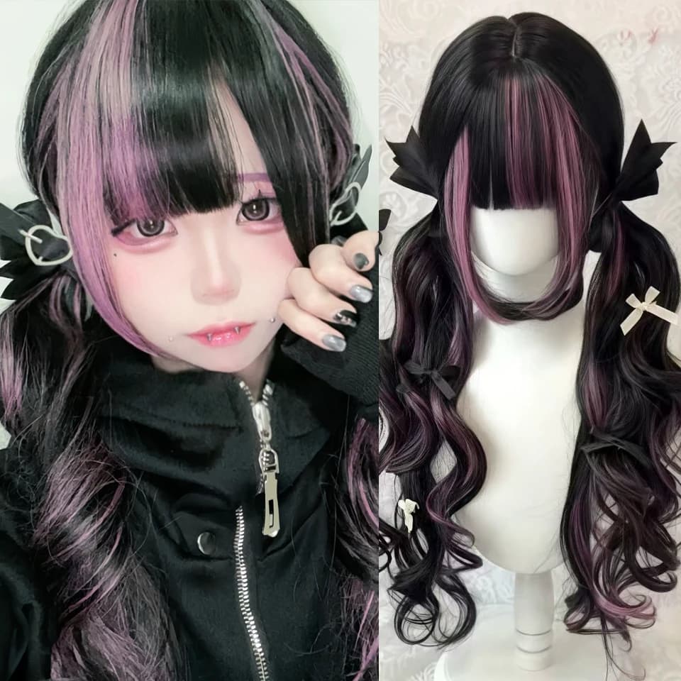 Perruque longue blonde double queue de cheval style Lolita avec frange, boucles princesse, synthétiq