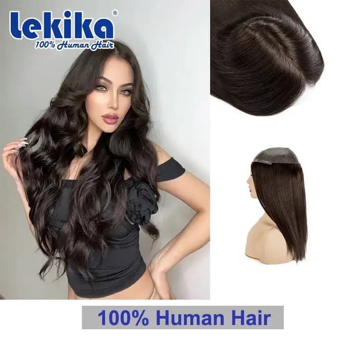 PU femmes toupet postiches 100% perruques de cheveux humains épingles