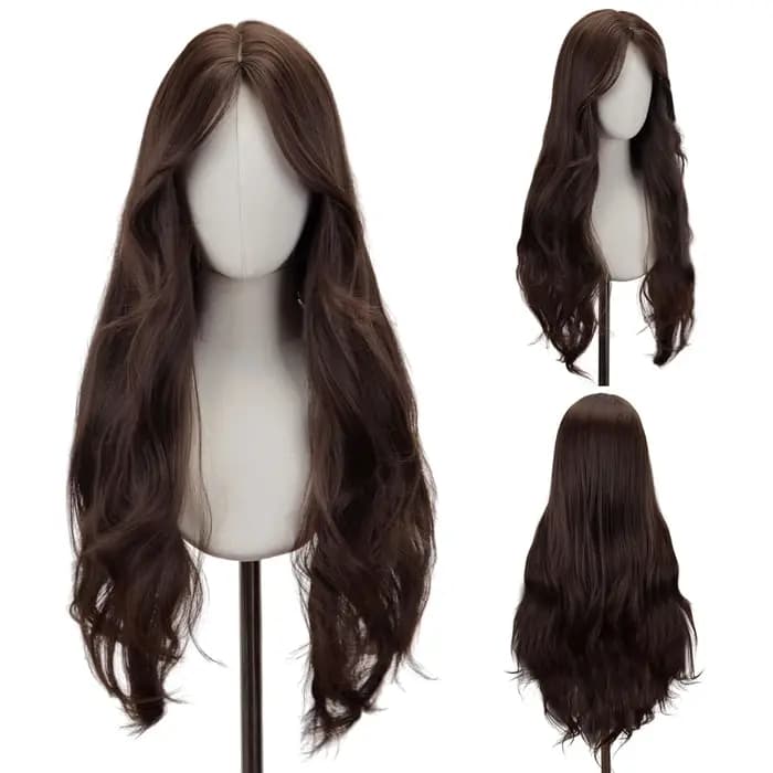 Perruque synthétique avec raie centrale sans frange, brun foncé, usage quotidien, cheveux naturels,