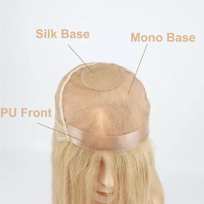 Perruque de cheveux humains entièrement attachée à la main, mono filet en soie, couronne blonde, PU