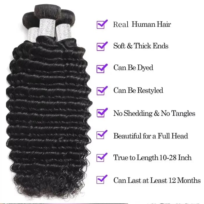 Lots de Cheveux Humains Brésiliens Vierge Ondulés Profonds Non Traités, Grade 1, 3 ou 4 Bundles, Cou