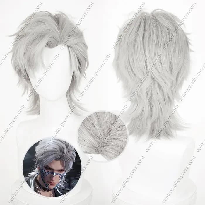 Wolfcut Sylus Cosplay perruque 38 cm court gris résistant à la chaleur cheveux synthétiques Hallowee