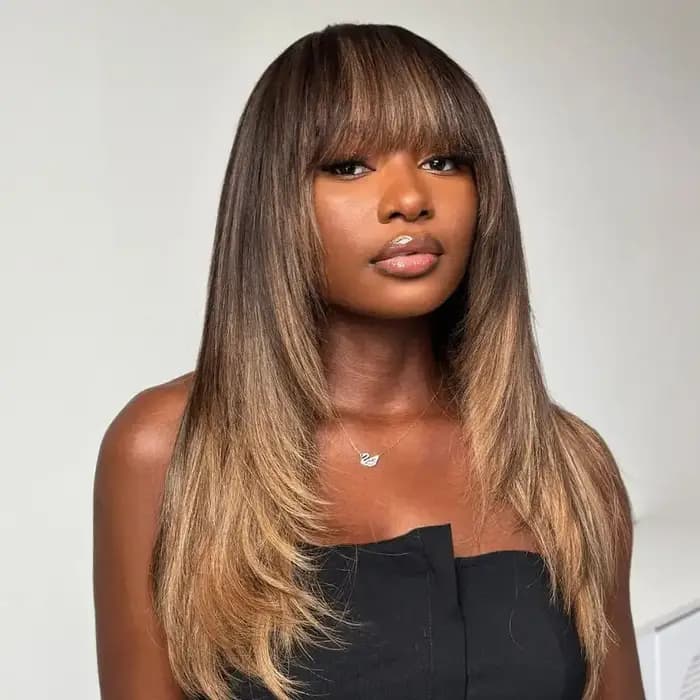 Perruque en cheveux humains HD Lace marron mélangé blond avec mèches blondes et frange, sans colle, brun clair avec mèches blondes, 22 pouces, en liquidation