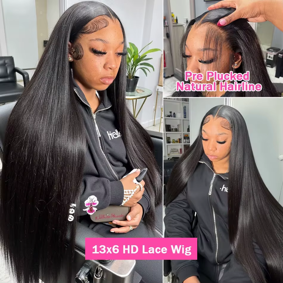 Perruque en cheveux humains lisses 13x4 avec dentelle frontale HD de 30 à 36 pouces, perruque en den