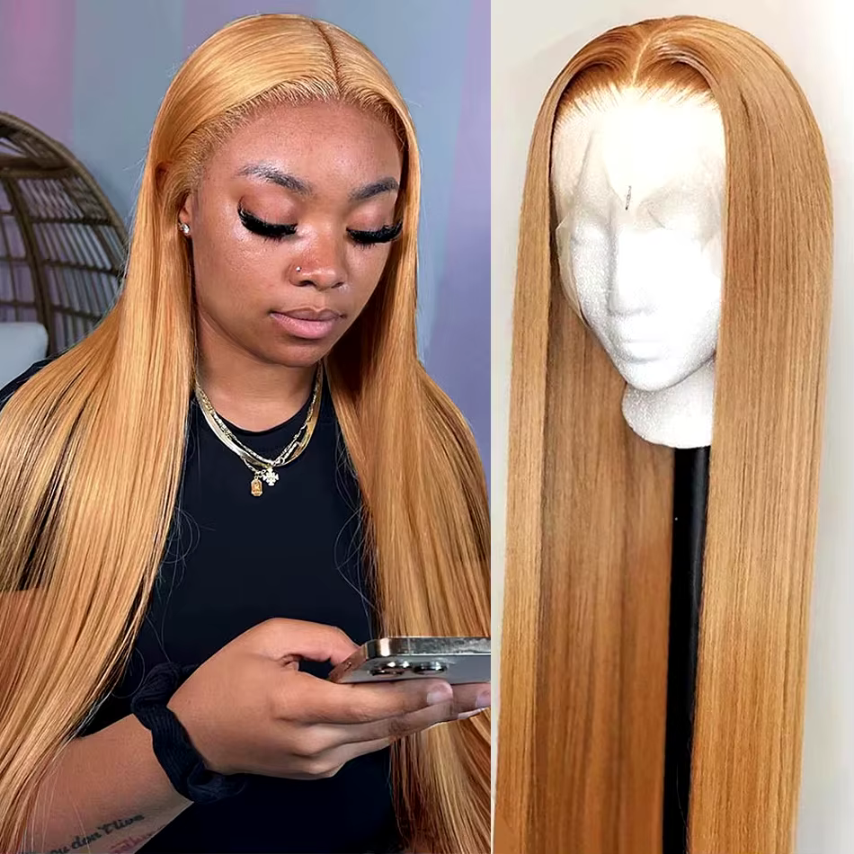 Perruque Lace Front Wig lisse naturelle-Sophia, cheveux humains, blond miel #27, 13x6 HD, perruque t