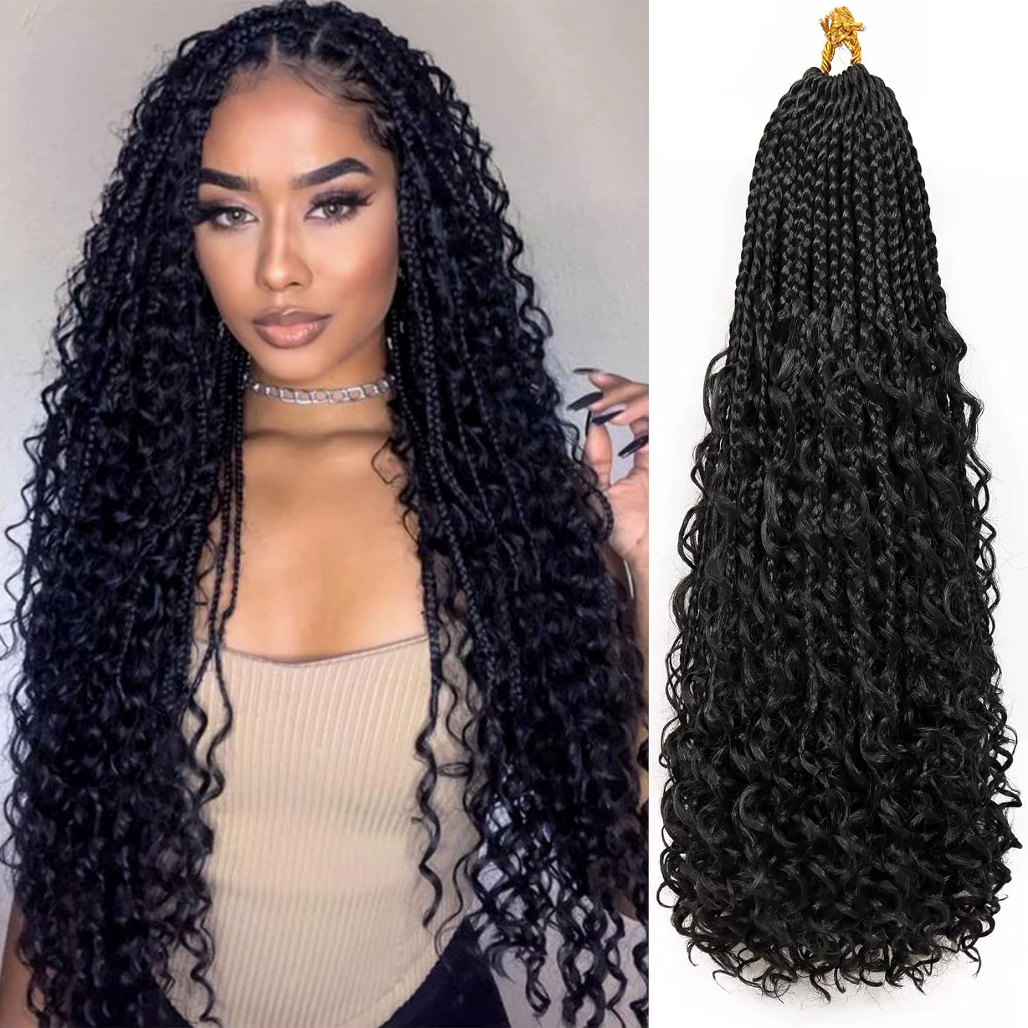 Tresses synthétiques en boîte de déesse, cheveux au Crochet avec extrémités bouclées, Extensions cap