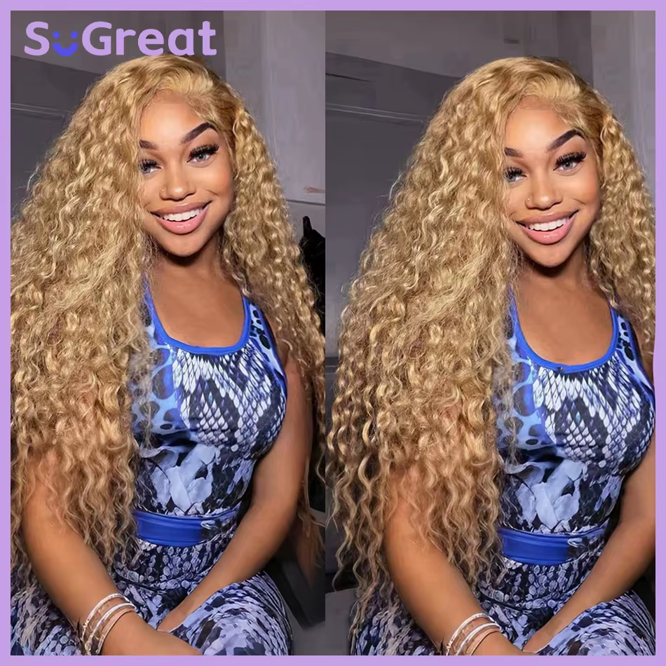 Perruques bouclées avant de dentelle blond miel cheveux humains vague profonde 13x6 HD perruques fro