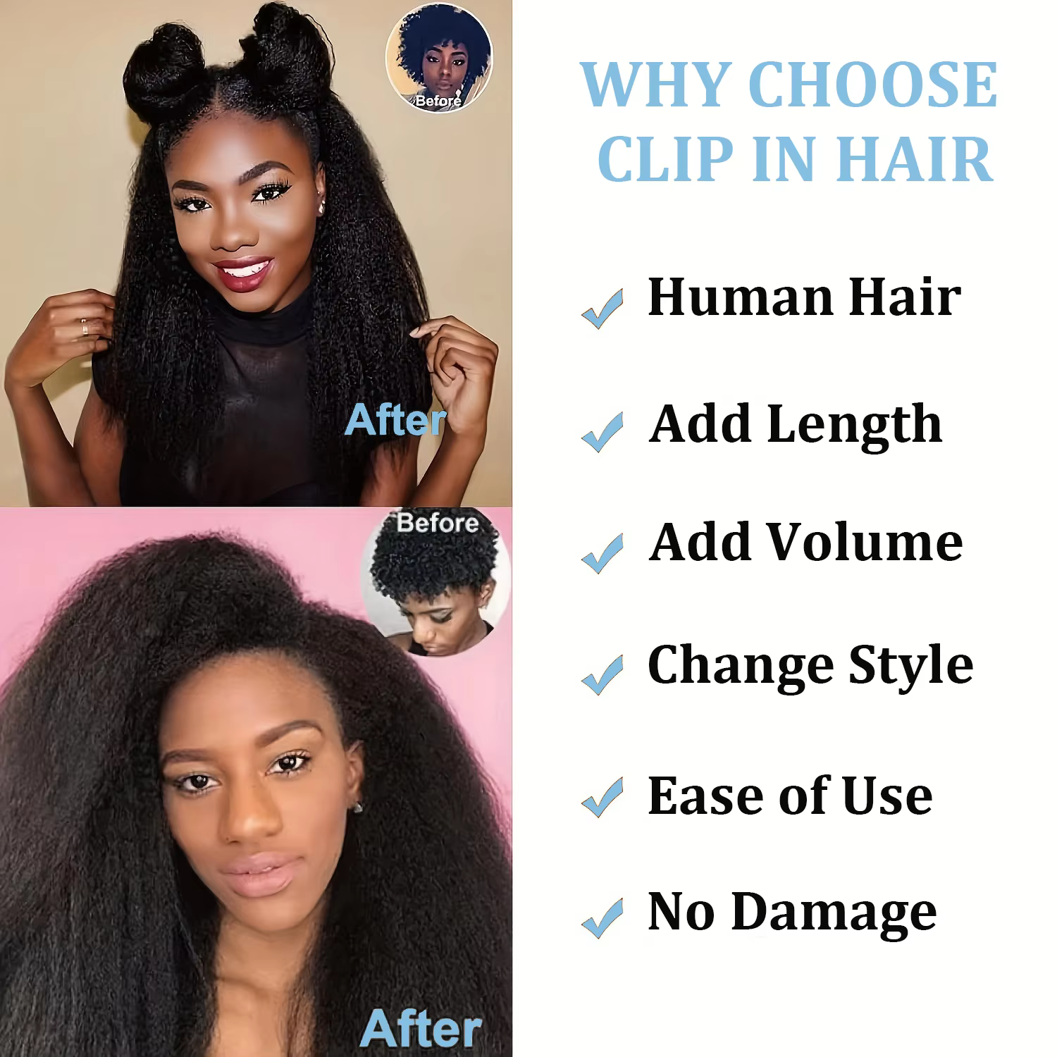 Extensions de cheveux humains crépus lisses, couleur naturelle, 100% cheveux humains Remy, 120G, 8 p