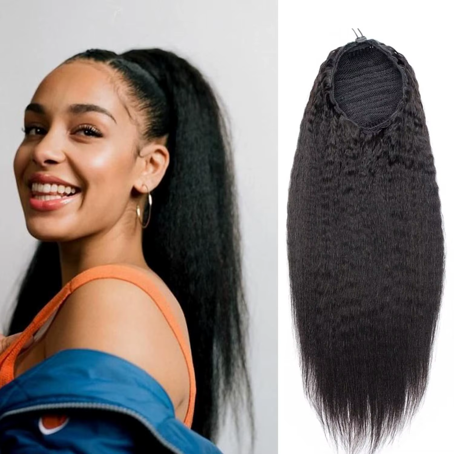 Queue de cheval lisse et bouclée en cheveux humains, extension 100 % naturelle à enrouler avec cordo
