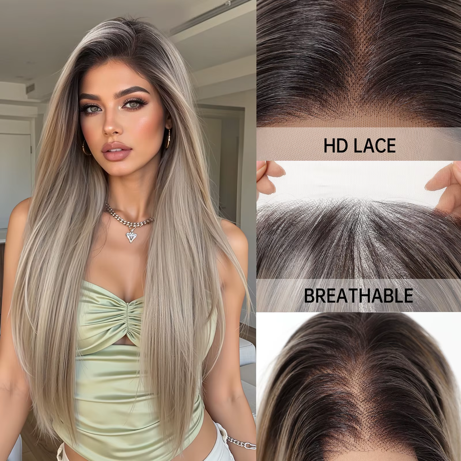 HAIRCUBE – perruque Lace Wig synthétique lisse brune ombrée, naissance des cheveux naturelle, 13x6,