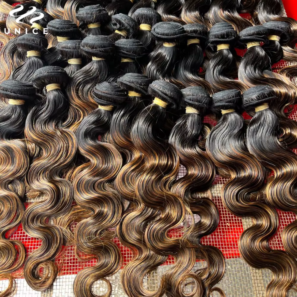 UNICE Hair-Mèches naturelles Body Wave, cheveux bruns, balayage, avec closure, partie libre, lace cl