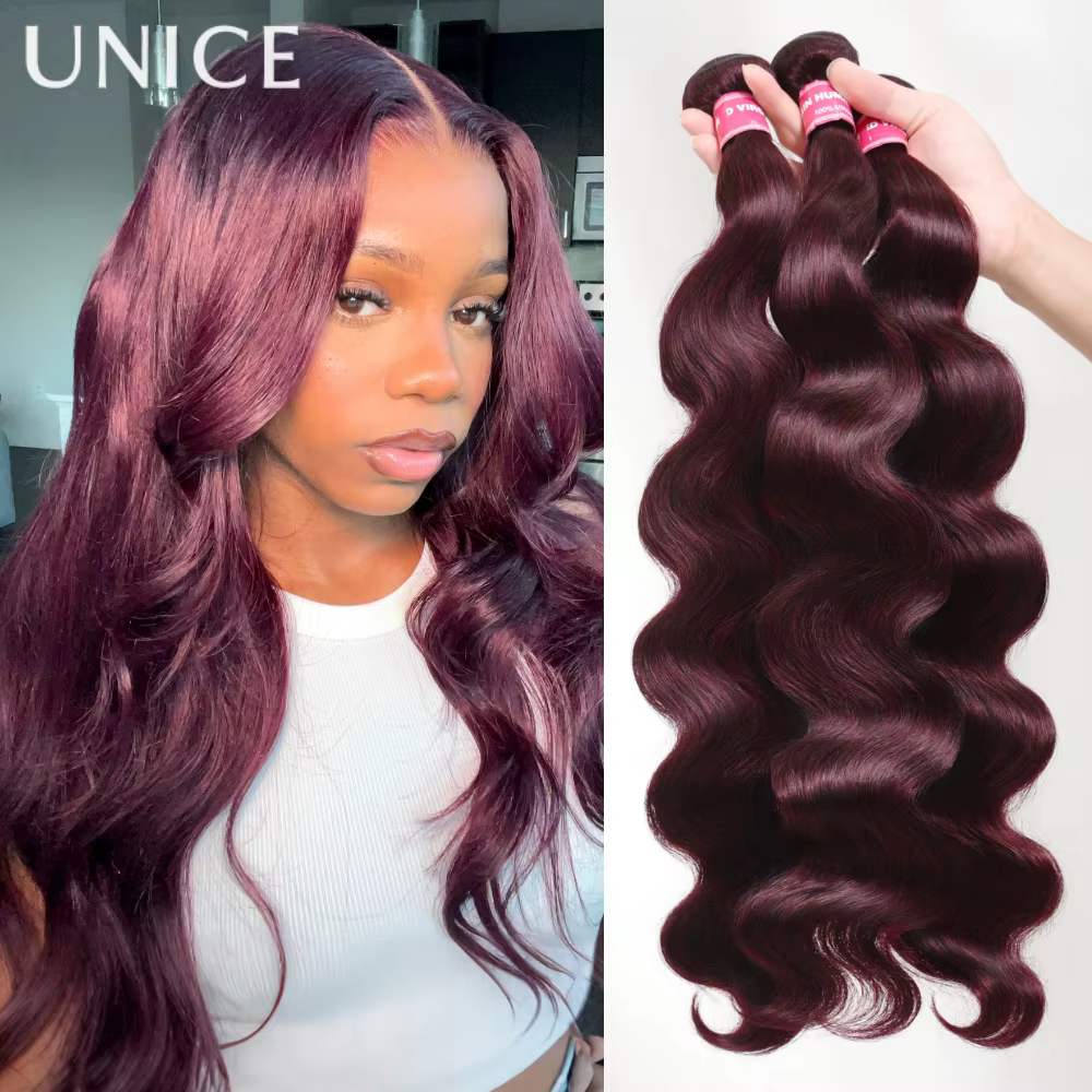 UNice noir cerise corps vague paquets 2/3/4 pièces avec 1 PC 4x4 pouces dentelle fermeture pré color
