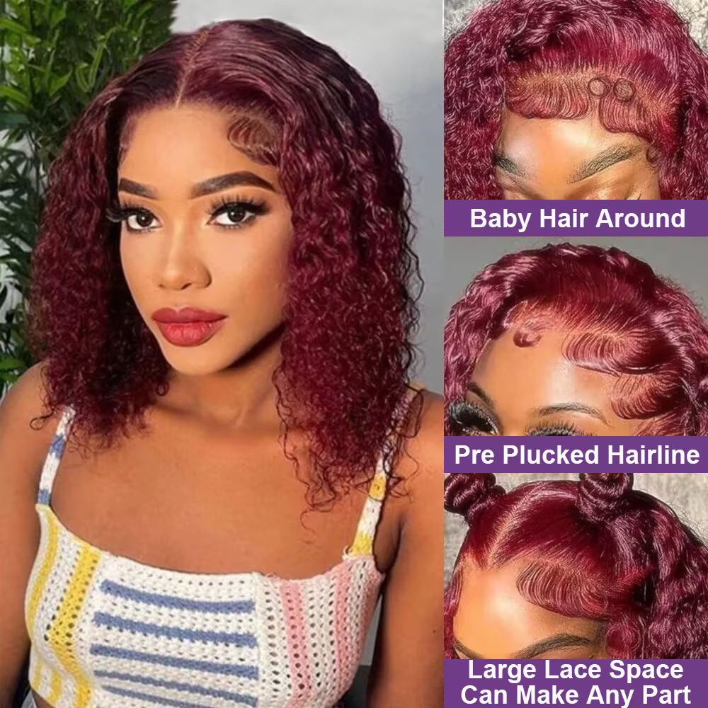 Perruques Bob Courtes en Cheveux Humains Remy Brésiliens Pré-Pluckées, Couleur Rouge Bourgogne 99J,