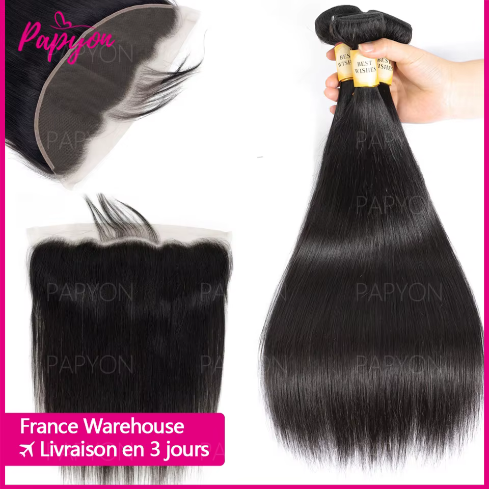 38 40 42Inch Straight Human Hair Bundles with 13x6 Frontal Tissage Humains Lisse Lot Avec 13X4 Closu
