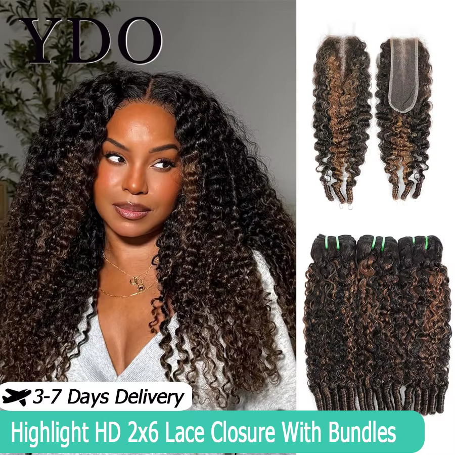 Extensions de cheveux vierges bouclés blonds birmans 1b/30 avec closure HD invisible 2x6 et raie pro