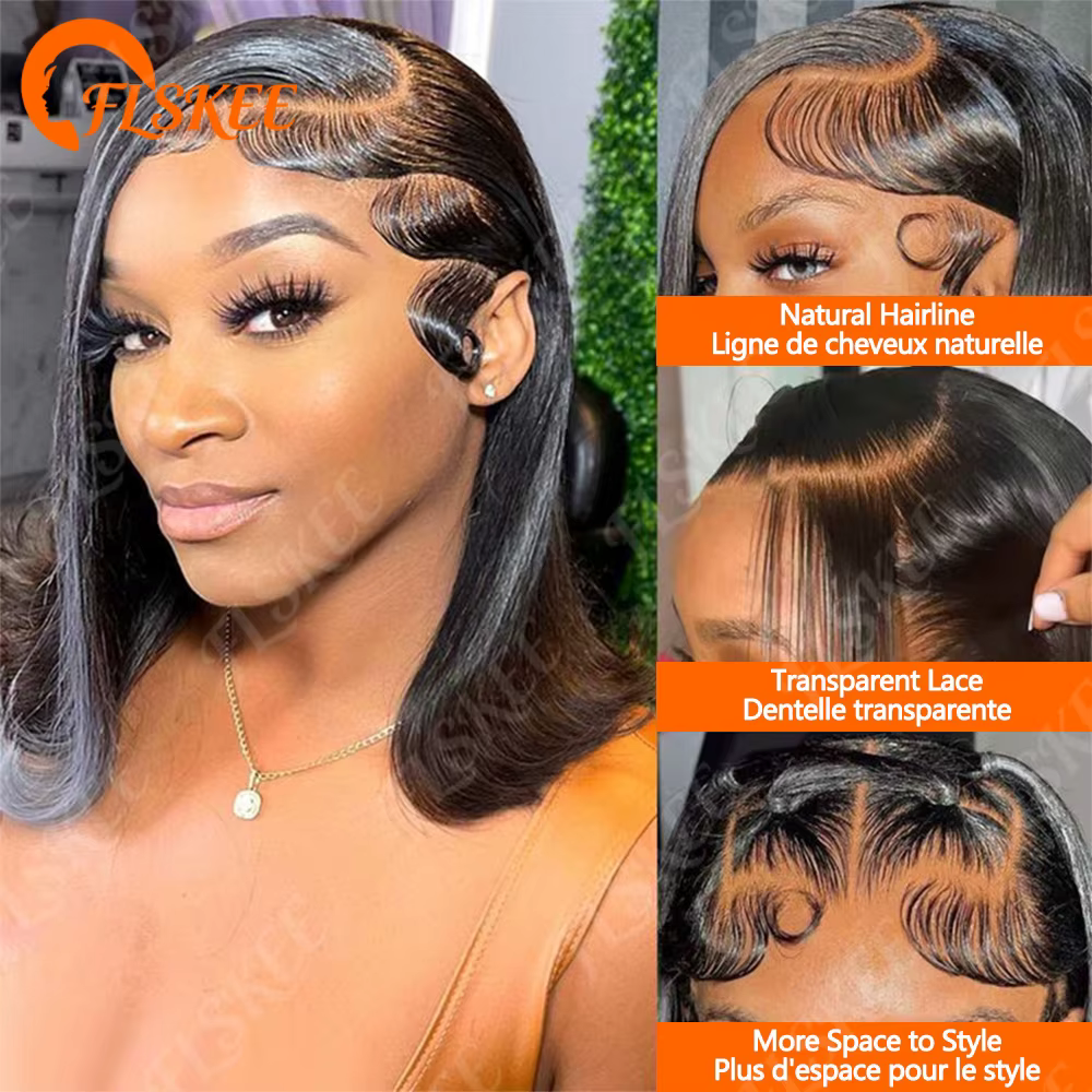 Perruque Bob Droite 13x6 en Cheveux Humains 200 Densité Perruque Frontale en Dentelle Transparente C