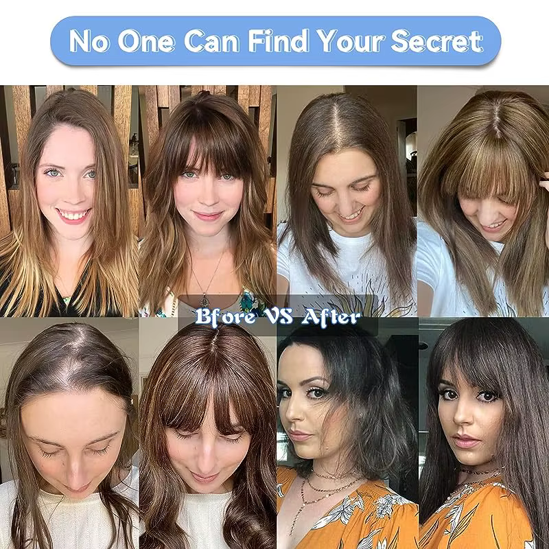 100% Remy cheveux humains Toppers avec frange brun clair postiches 3D vaporeux frange pour les femme