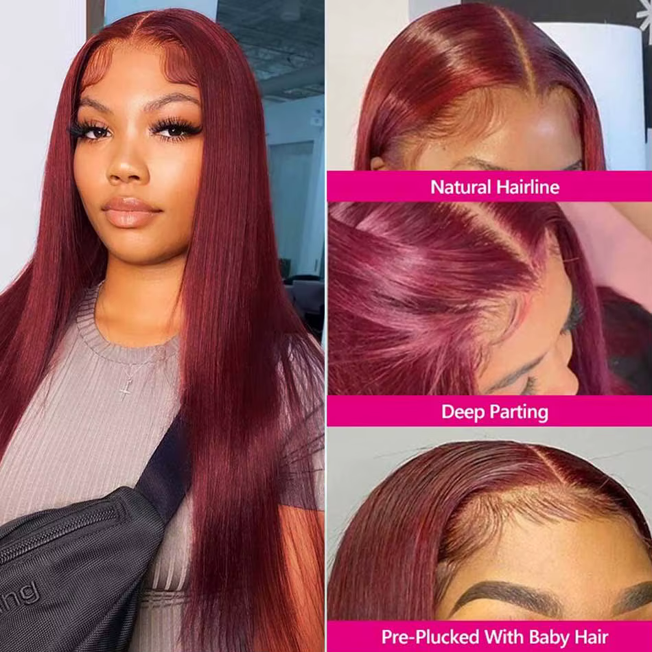 Liquidation en gros 13x4 99J rouge bordeaux couleur perruques de cheveux humains HD dentelle frontal
