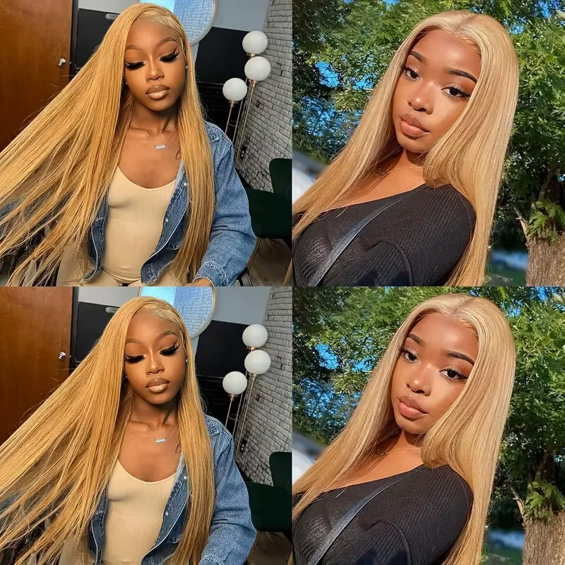 Perruque Lace Front Wig lisse naturelle-Sophia, cheveux humains, blond miel #27, 13x6 HD, perruque t
