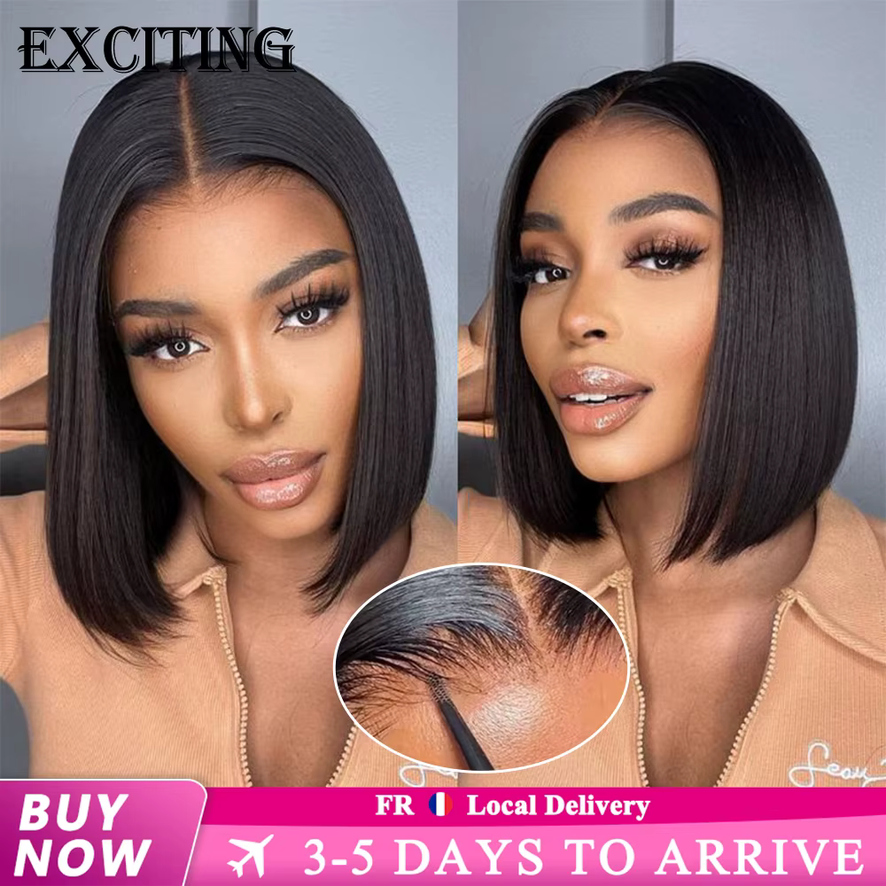 Perruque droite bob sans colle, cheveux humains 100%, dentelle transparente 4x4, prête à porter et p