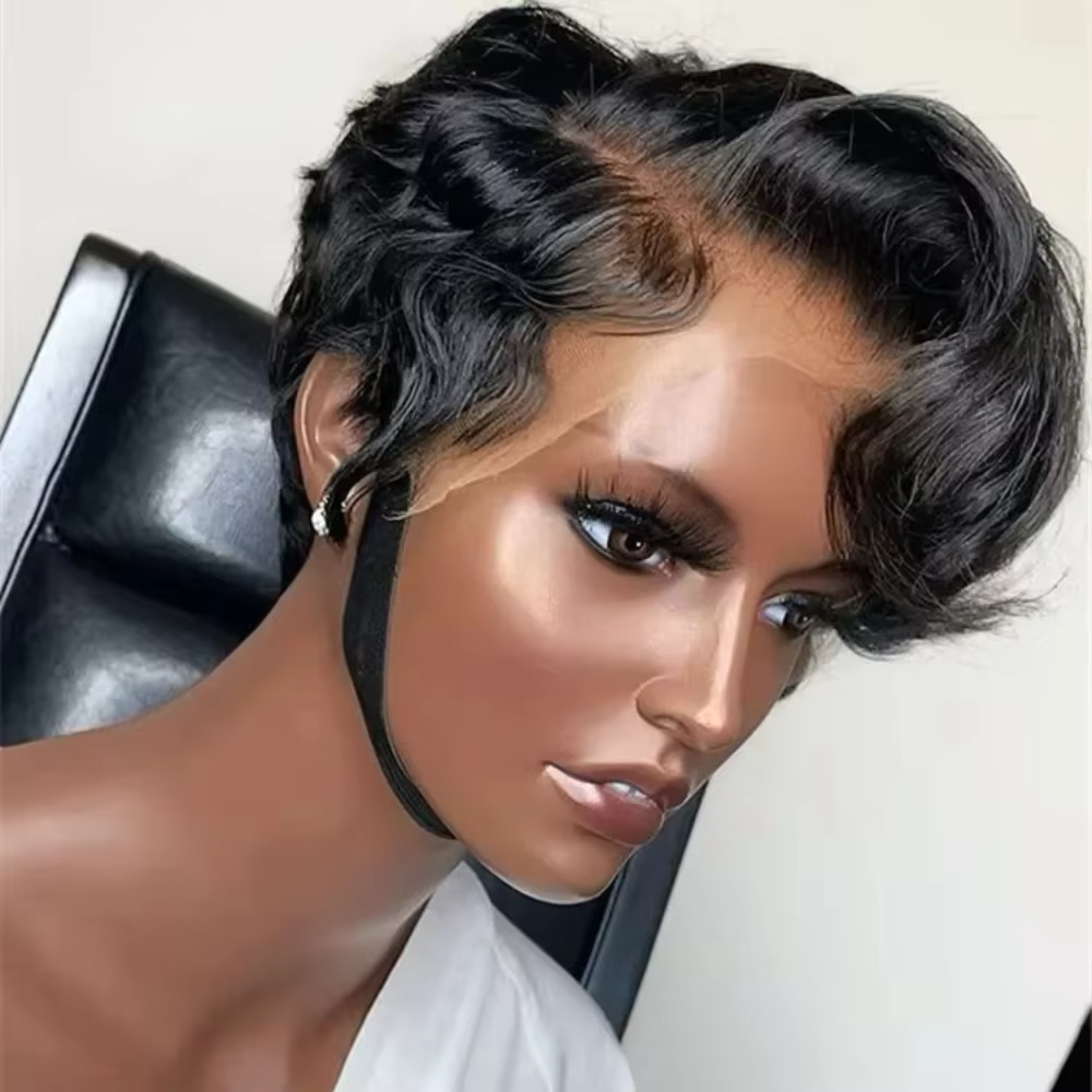 Perruque de cheveux humains coupe lutin droite dentelle transparente cheveux humains 13x4 dentelle a