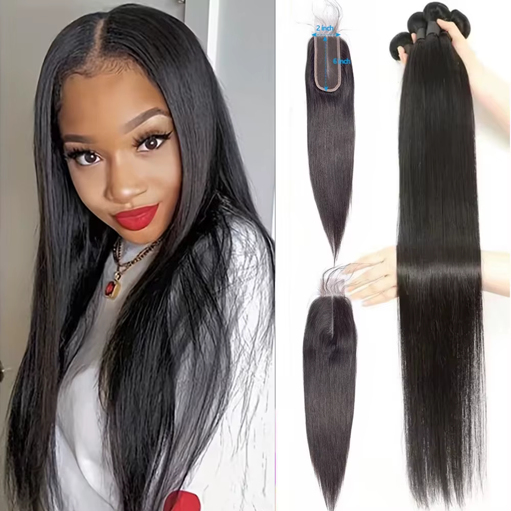 12A paquets de cheveux humains droits et fermeture 2x6 paquets d'armure de cheveux bruts brésiliens 
