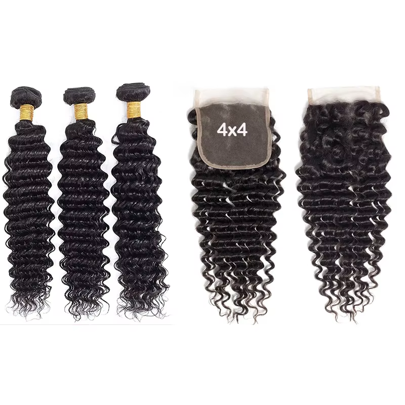 Extensions de cheveux humains bouclés birmans avec frontal, 100 % naturels, ondulations profondes, m