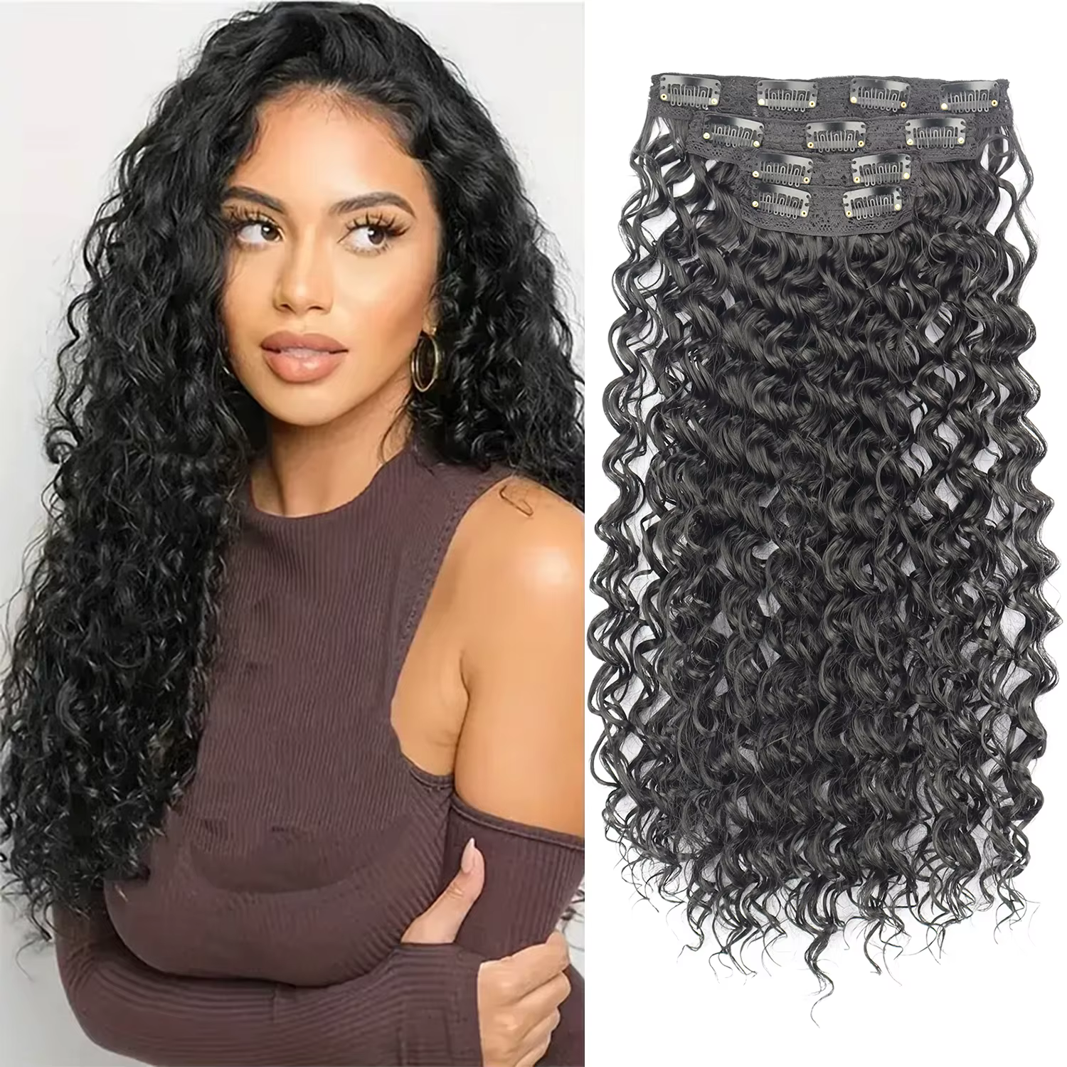Extensions de cheveux synthétiques crépus bouclés à clipser pour femmes, noir, marron, tête complète