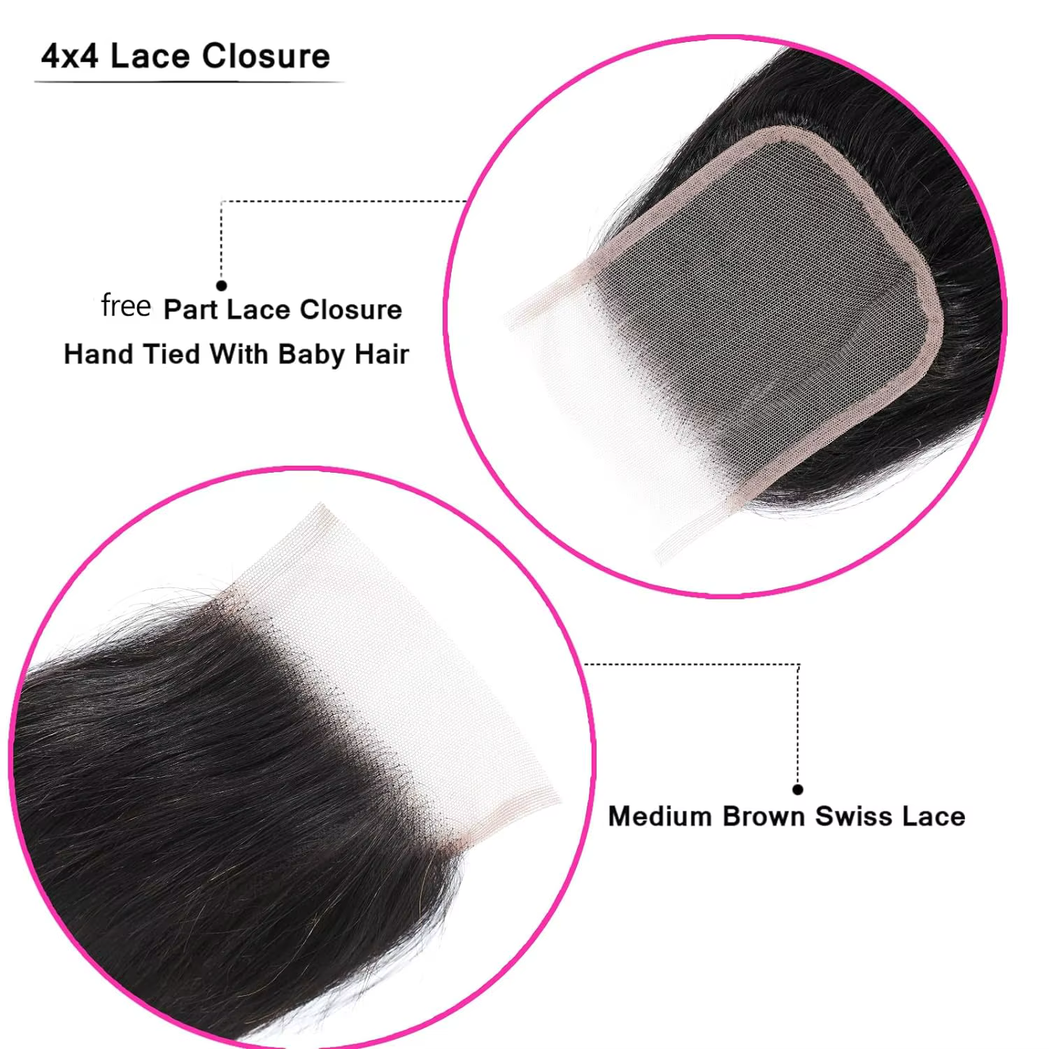 Mèches Brésiliennes Naturelles Lisses avec Closure, Cheveux de Bébé, 100% Non Traités, 4x4, 3 Lots