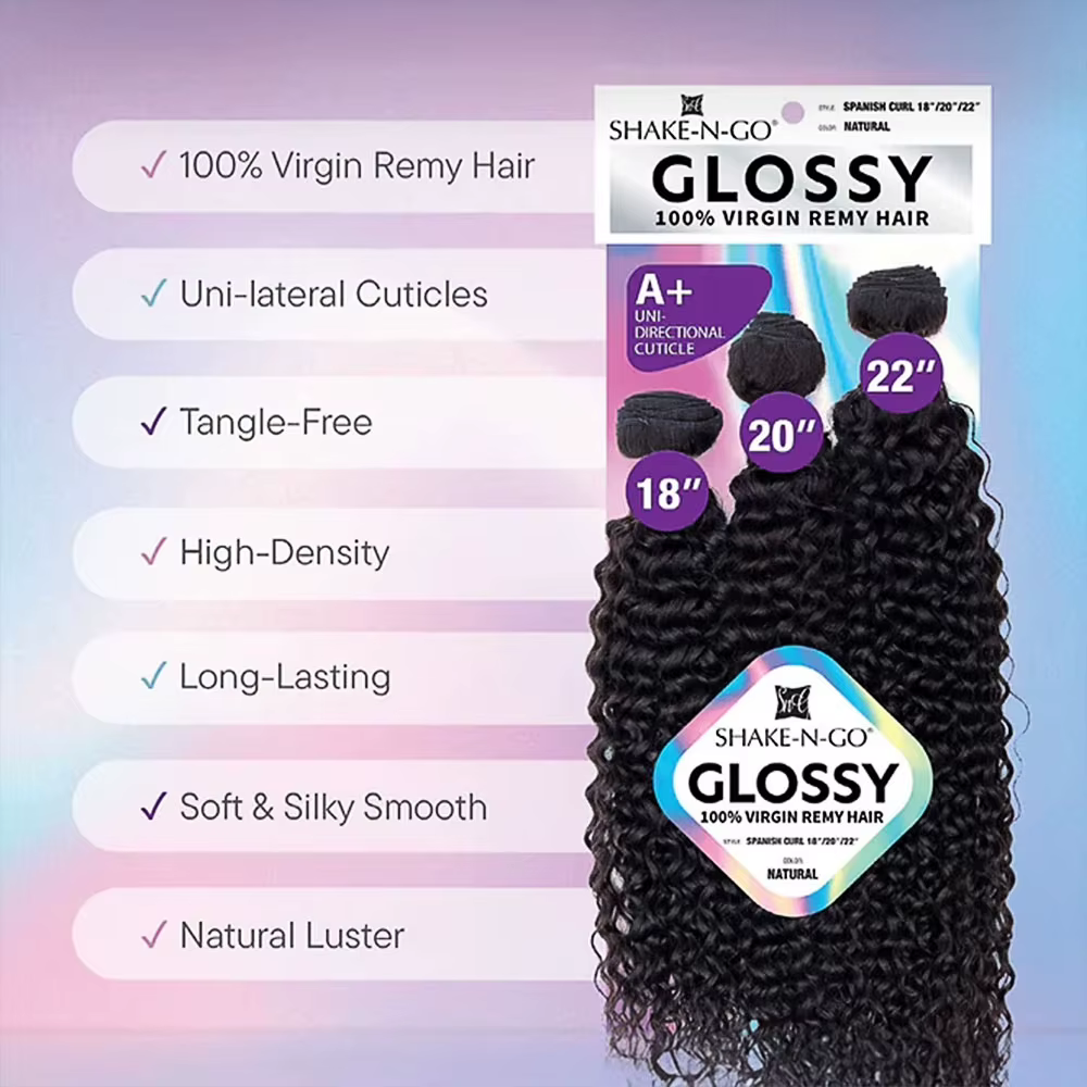 Shake-N-Go Tissage de cheveux vierges Remy brillants 3 paquets Curl espagnol – Doux, brillant, aspec