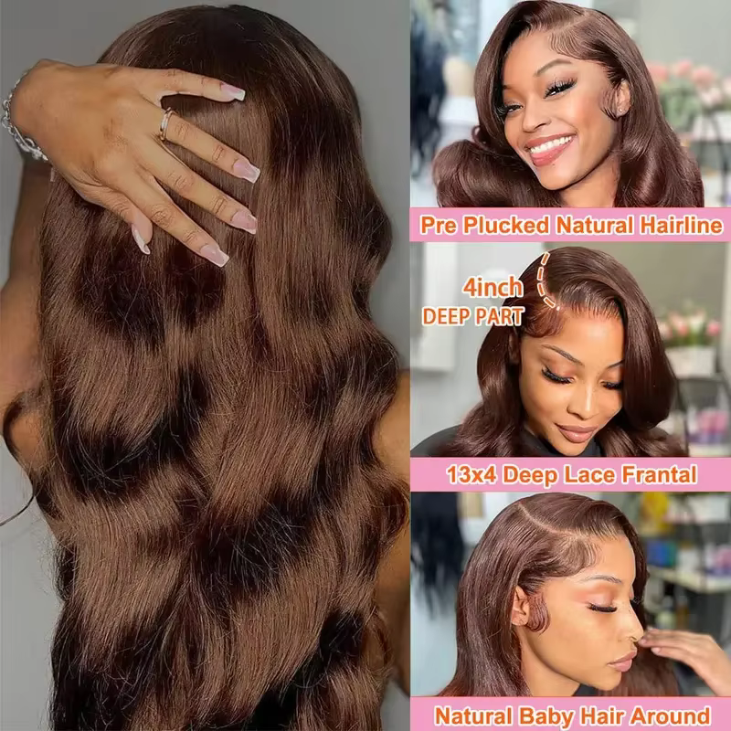 Perruques à dentelle frontale Body Wave brun chocolat, cheveux humains pré-épilés, cheveux vierges b