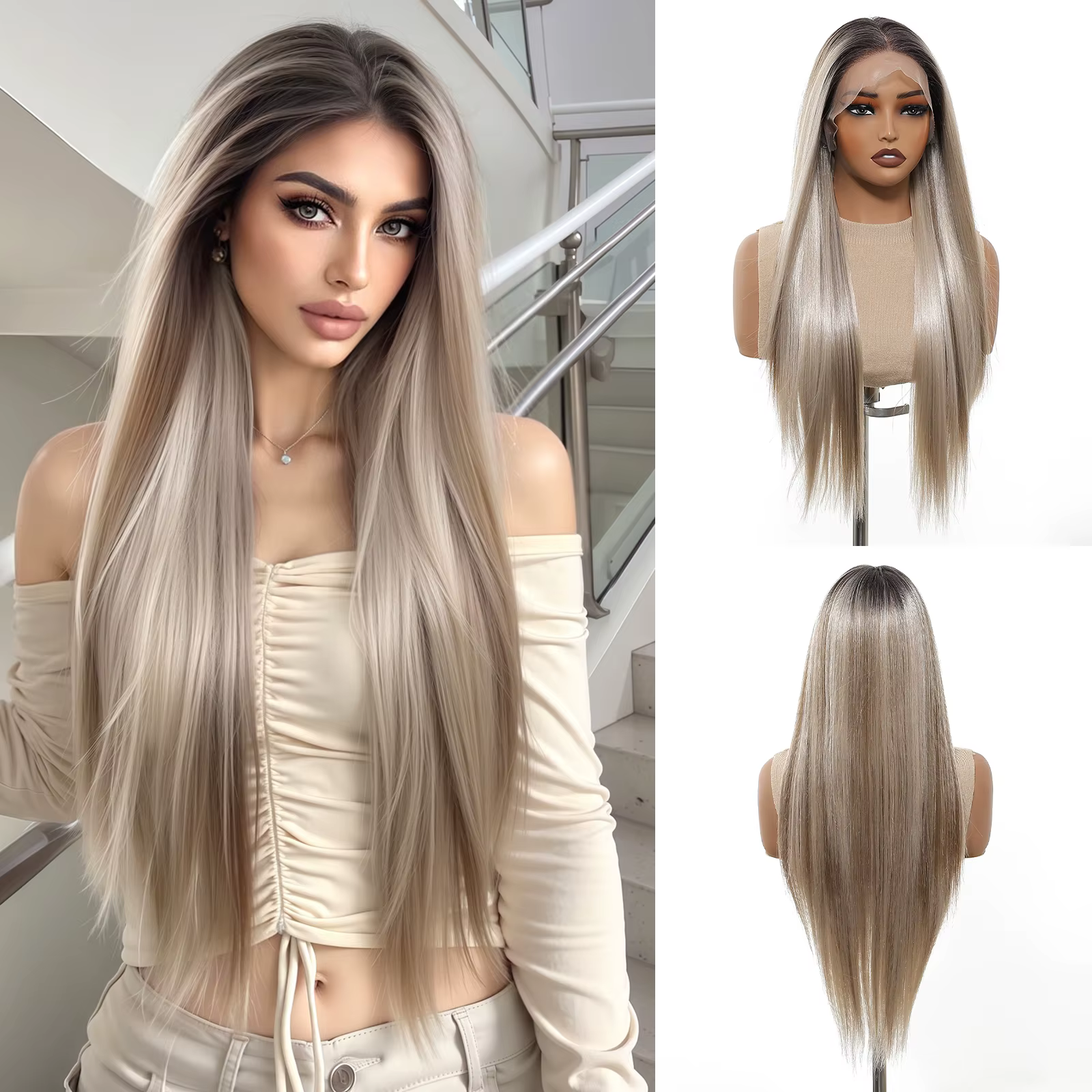 HAIRCUBE – perruque Lace Wig synthétique lisse brune ombrée, naissance des cheveux naturelle, 13x6,