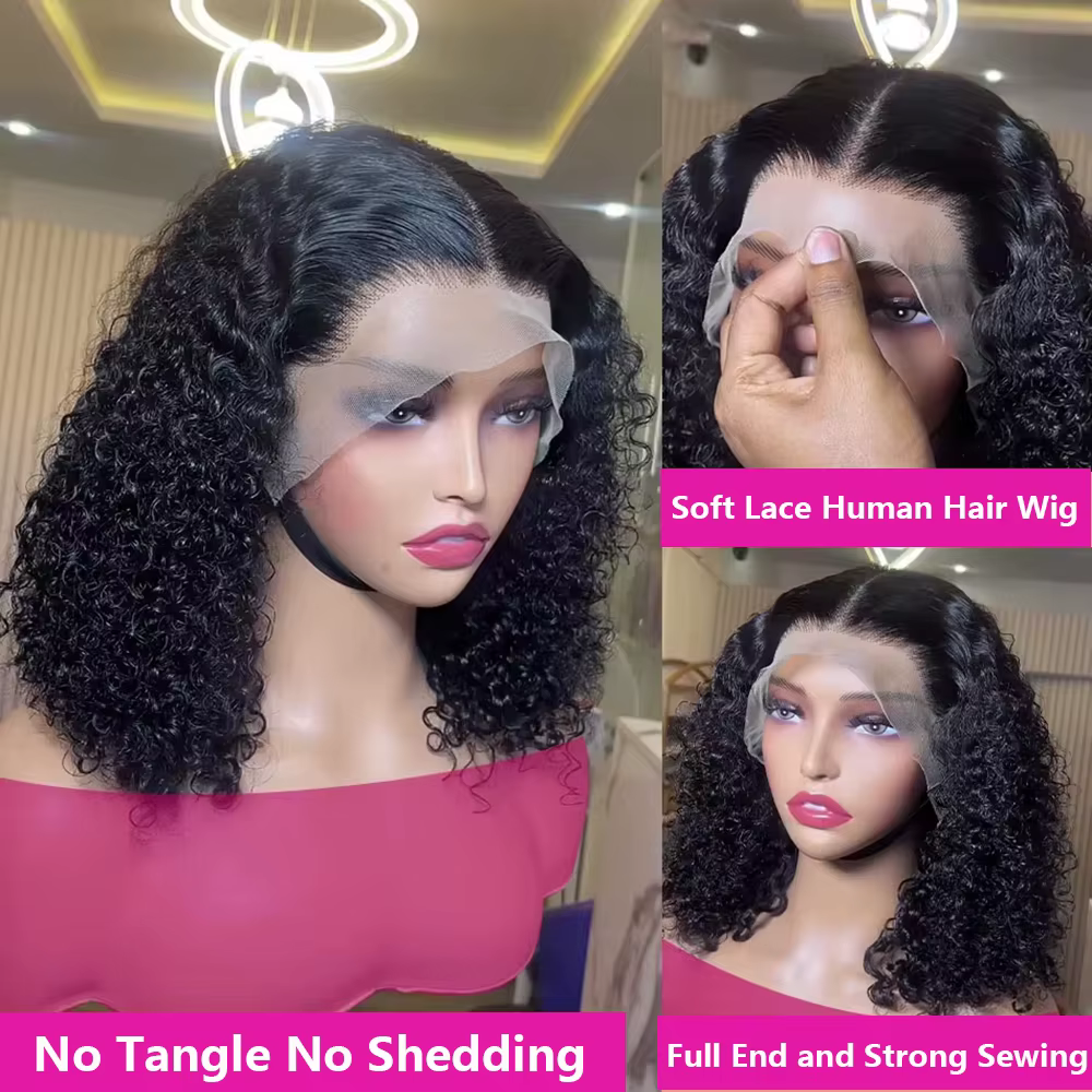 Perruque courte bob en cheveux brésiliens bouclés crépus avec closure en dentelle 4x4, 100% cheveux