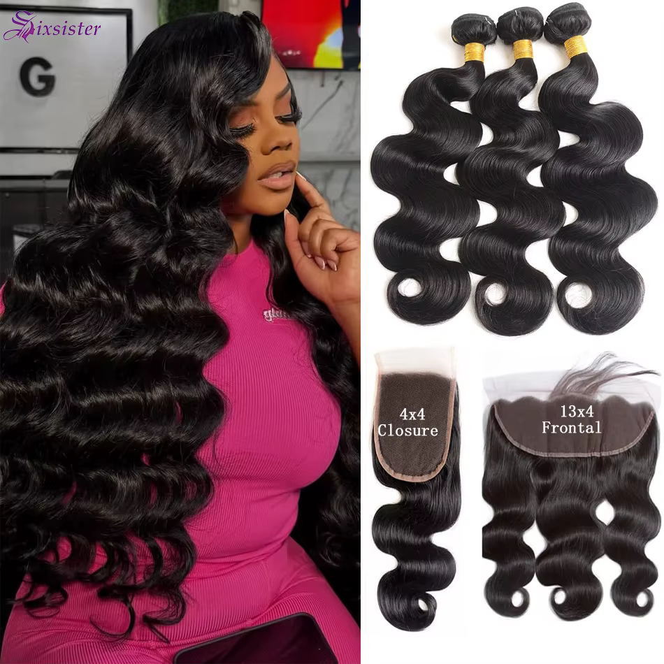 Lot de 3 Bundles de Cheveux Humains Ondulés avec Closure Frontale 100% Cheveux Vierges, 3 Bundles av