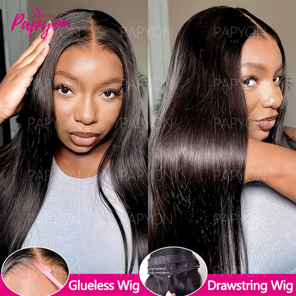 6x4 Perruque Cheveux Humain Sans Colle Perruque Lisse Pré-épilée Glueless Wigs Human Hair Drawstring