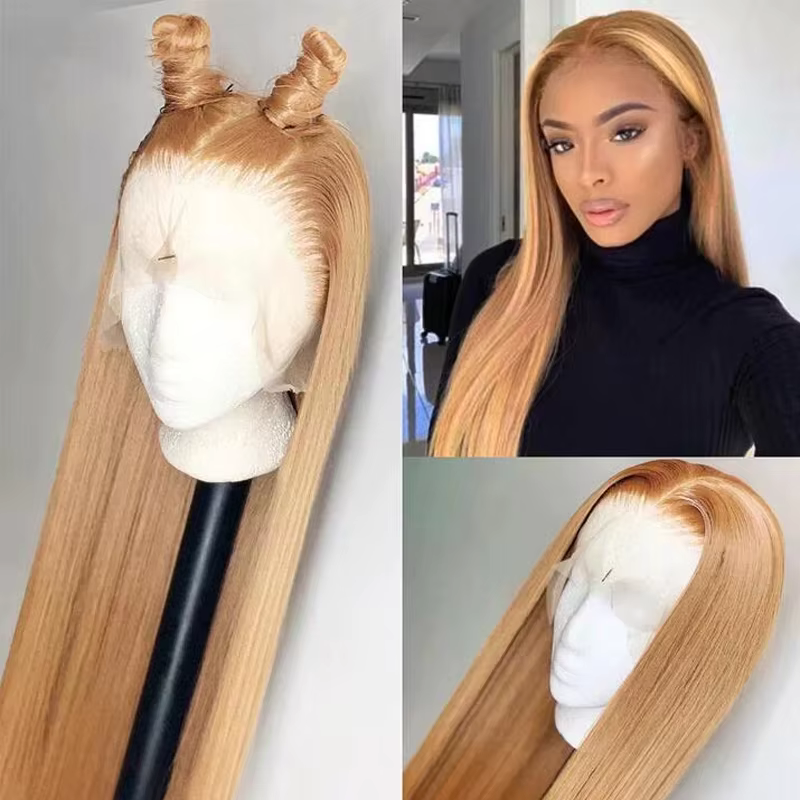 Perruque Lace Front Wig lisse naturelle-Sophia, cheveux humains, blond miel #27, 13x6 HD, perruque t