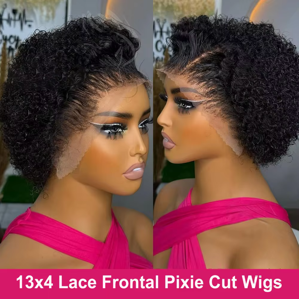 Perruque Lace Frontal Wig brésilienne bouclée, cheveux 100% naturels, coupe Pixie, 13x4, 13 × 1, Tra