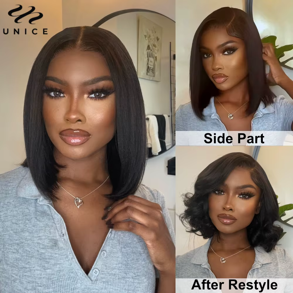 UNice Hair 7x5 & 13x4 dentelle Yaki droite cheveux humains Bob perruque avec cordon pré coupé pré bl