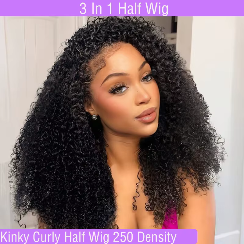 Perruque mi-tête bouclée crépue en cheveux humains, densité 250, 3-en-1, sans couture, à porter sur 