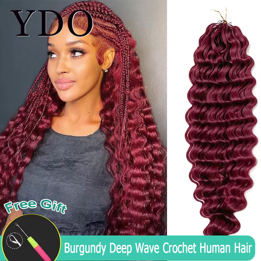 Extensions de cheveux humains au crochet, couleur bordeaux, ondulation profonde 99j, pour tressage b