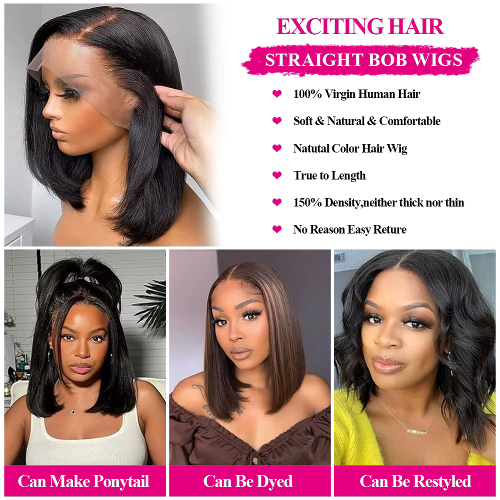 Perruque droite bob sans colle, cheveux humains 100%, dentelle transparente 4x4, prête à porter et p
