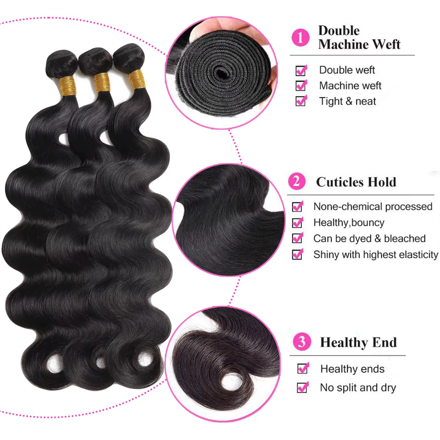 Extensions de cheveux humains avec closure, ondulation naturelle, 100% vierges brésiliennes, 3 paque