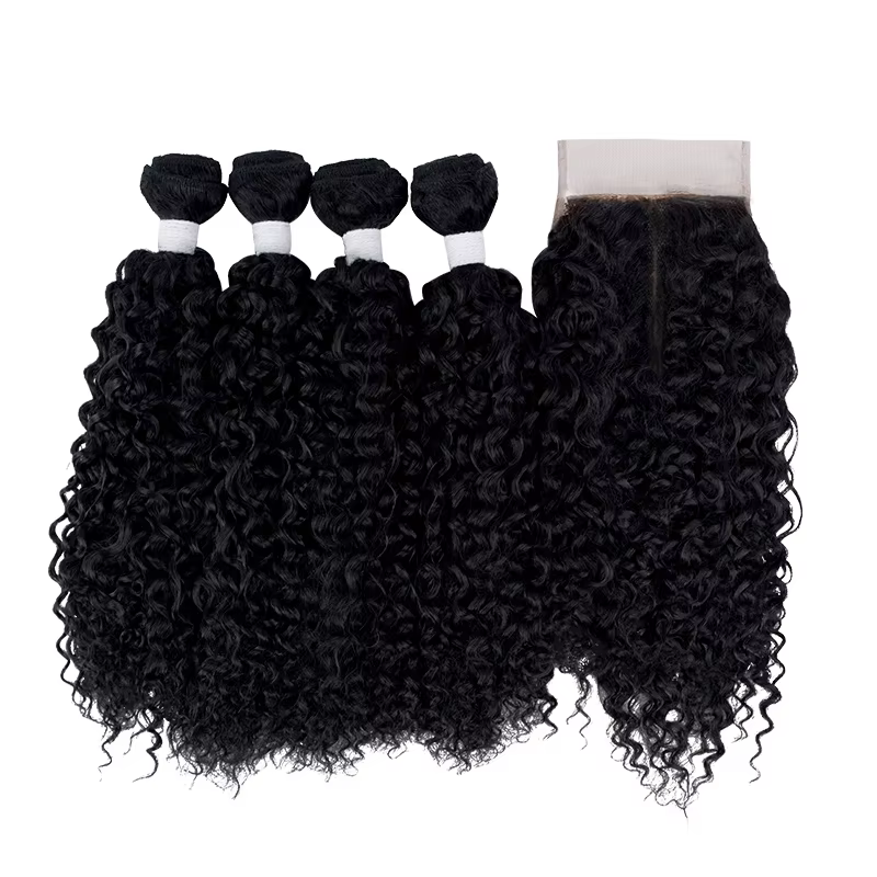 Lot de 4 mèches de cheveux synthétiques bouclés crépus avec closure 4x4, ensemble d'extensions de ch