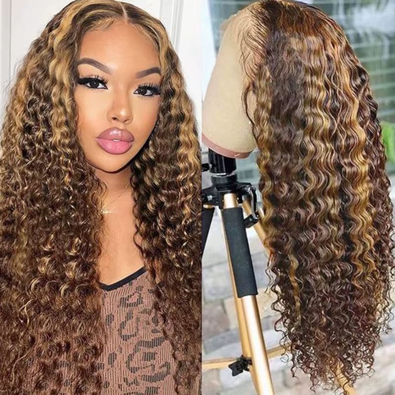 Perruque Lace Front Wig 4/27 naturelle bouclée, cheveux humains, blond miel 100%, 13x4, 13x6, 180% d